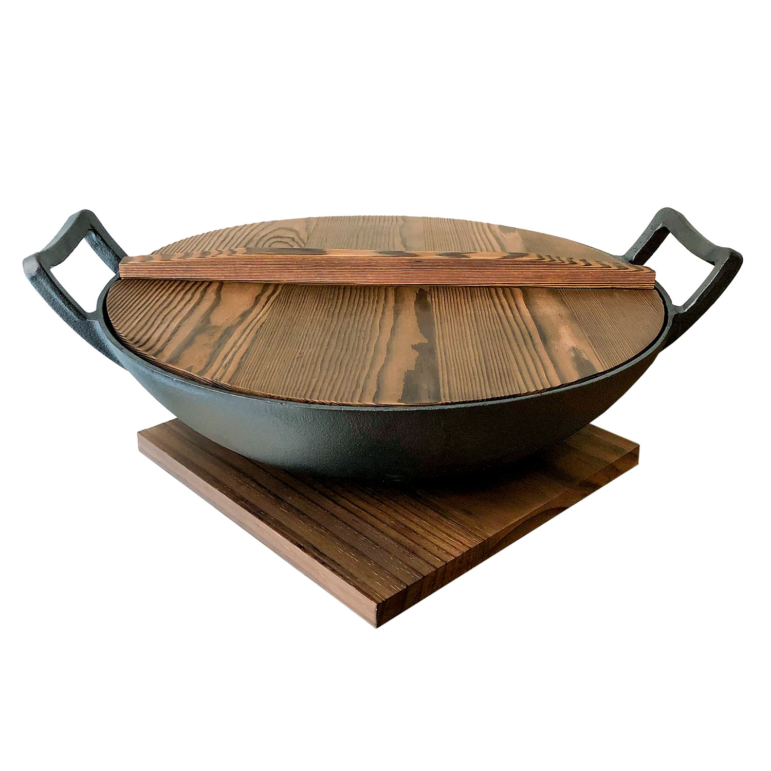 Nabe Cast Iron Wok Pan With Wooden Lid & Glass Lid Ø36 cm/6 L