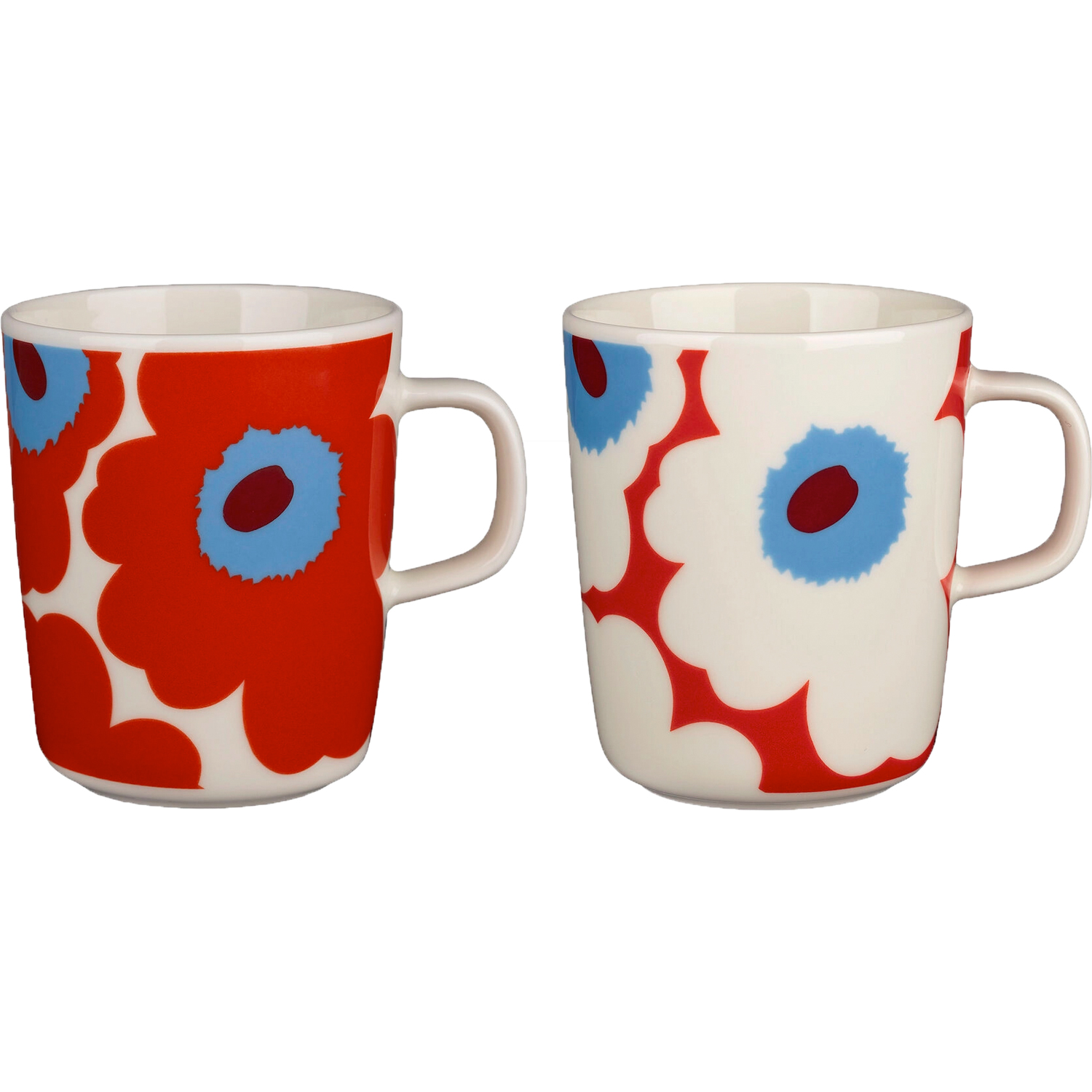 Oiva/Unikko Mugs 25 cl 2-pack, White / Tomato Red / Sky Blue - Marimekko @  